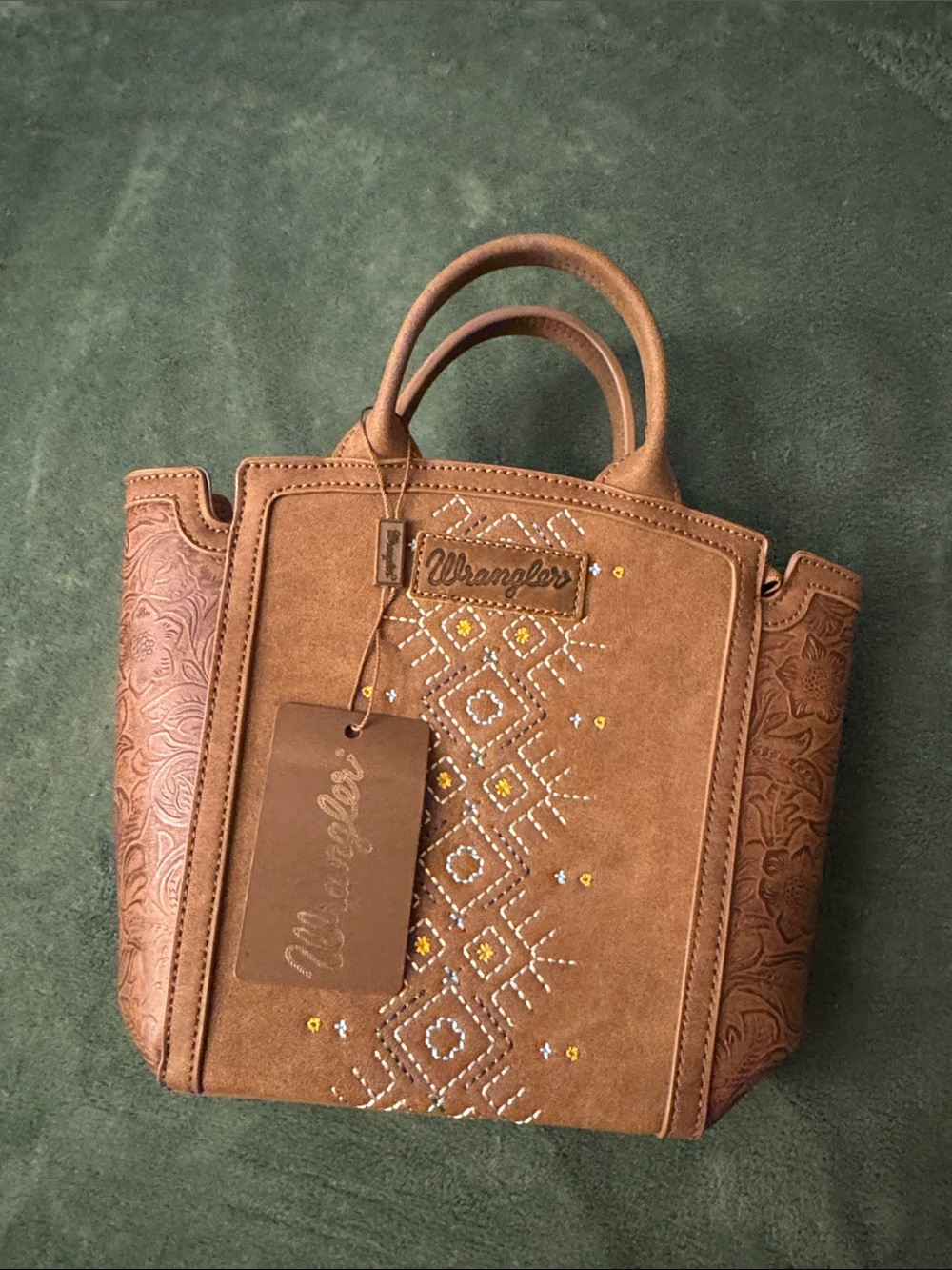 Wrangler Brown Embossed Crossbody Mini Tote with Embroidered Geometric Accents
